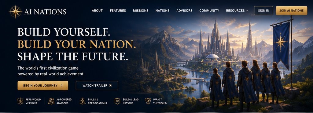 AI Nations: a cloaked group looks out over a city of spires