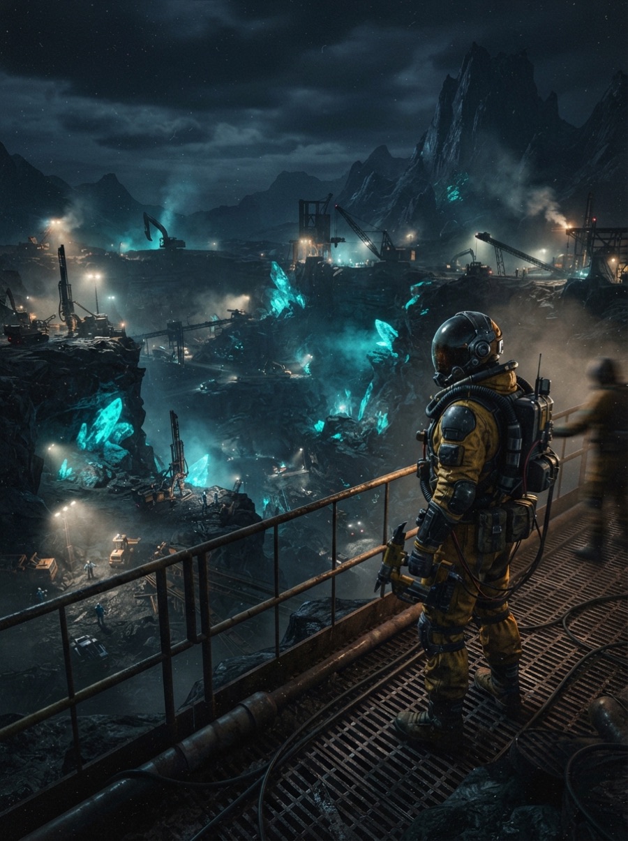 A miner in a yellow suit overlooking a glowing crystal mine at night