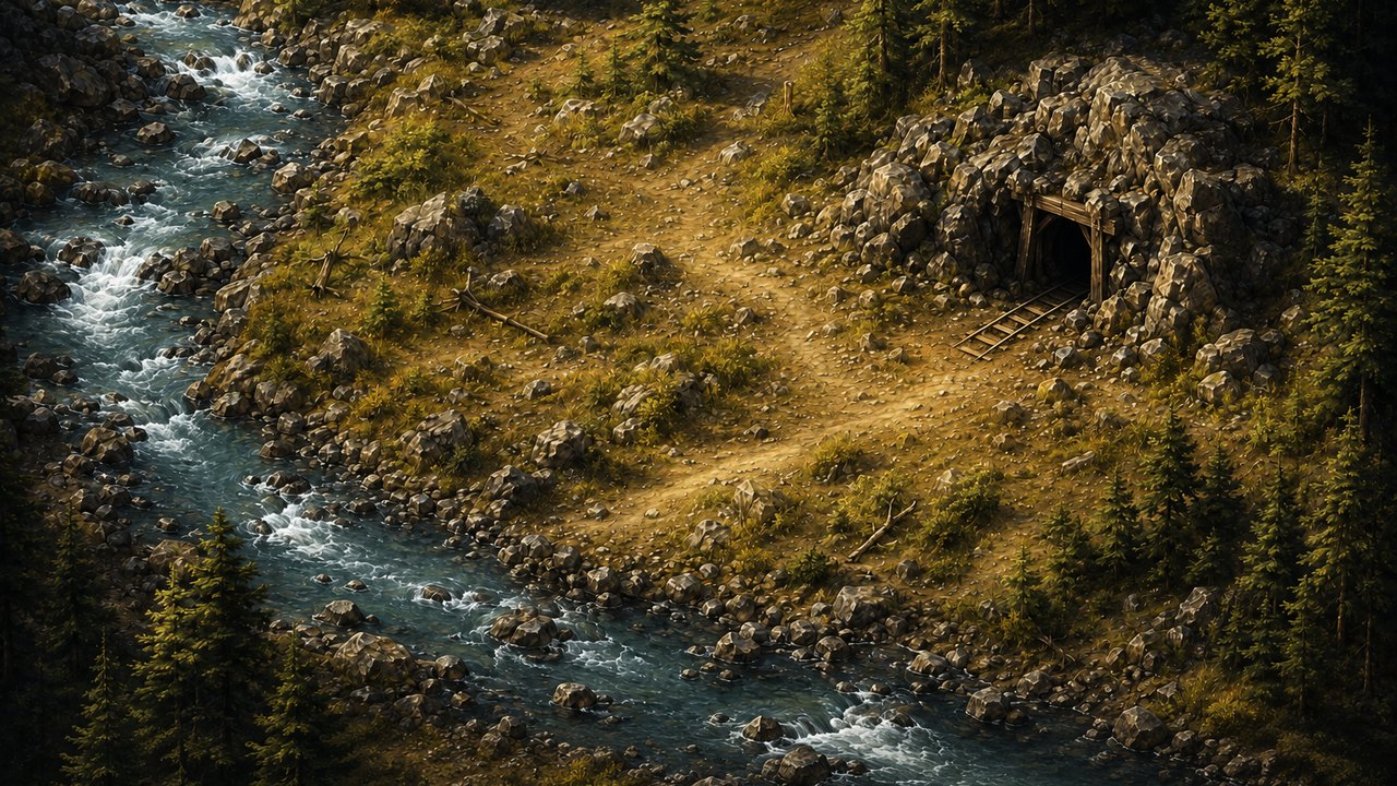 An ELMNT claim: a mine entrance in a rocky hillside above a river