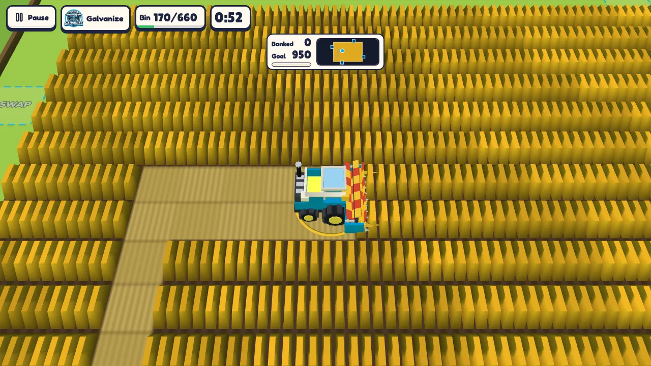 A blue combine cutting a field of gold crop, with its bin level and clock on screen