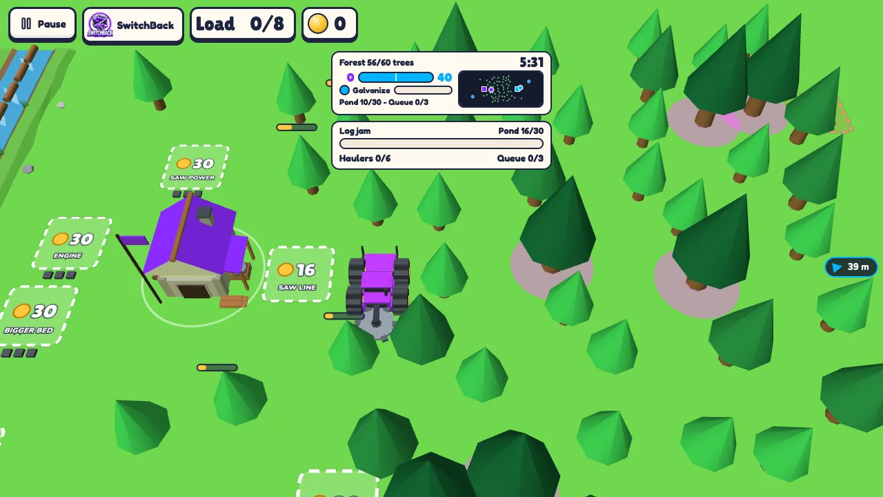 A logging truck cutting a forest with the battle score and mill map on screen