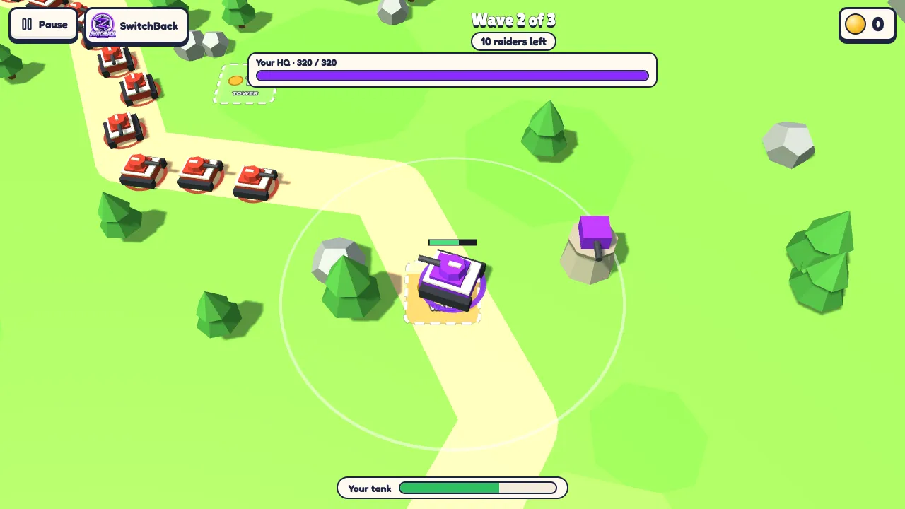 A purple tank defends its HQ while red raider tanks march down a path