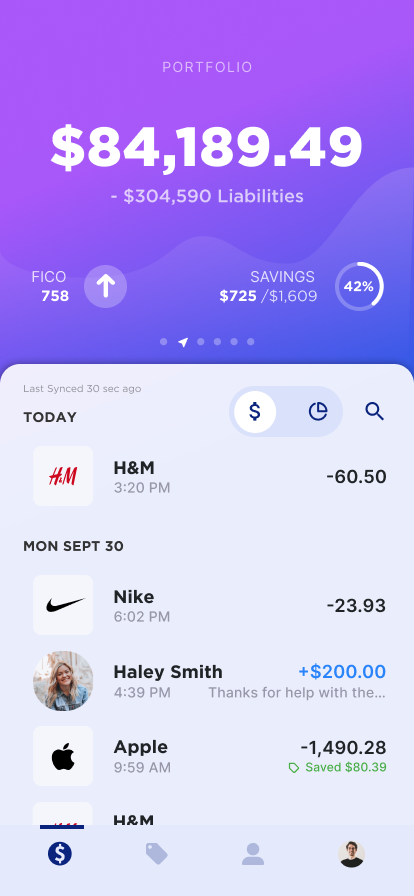The Pelago app showing a portfolio balance, savings progress and recent transactions